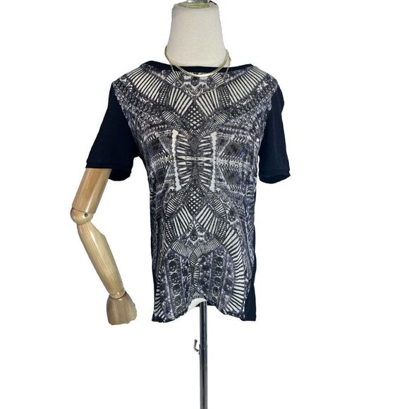 The Kooples Skull Bones Black Aztec Ilkat Blouse Top Short Sleeve Medium Silk - Picture 13 of 13